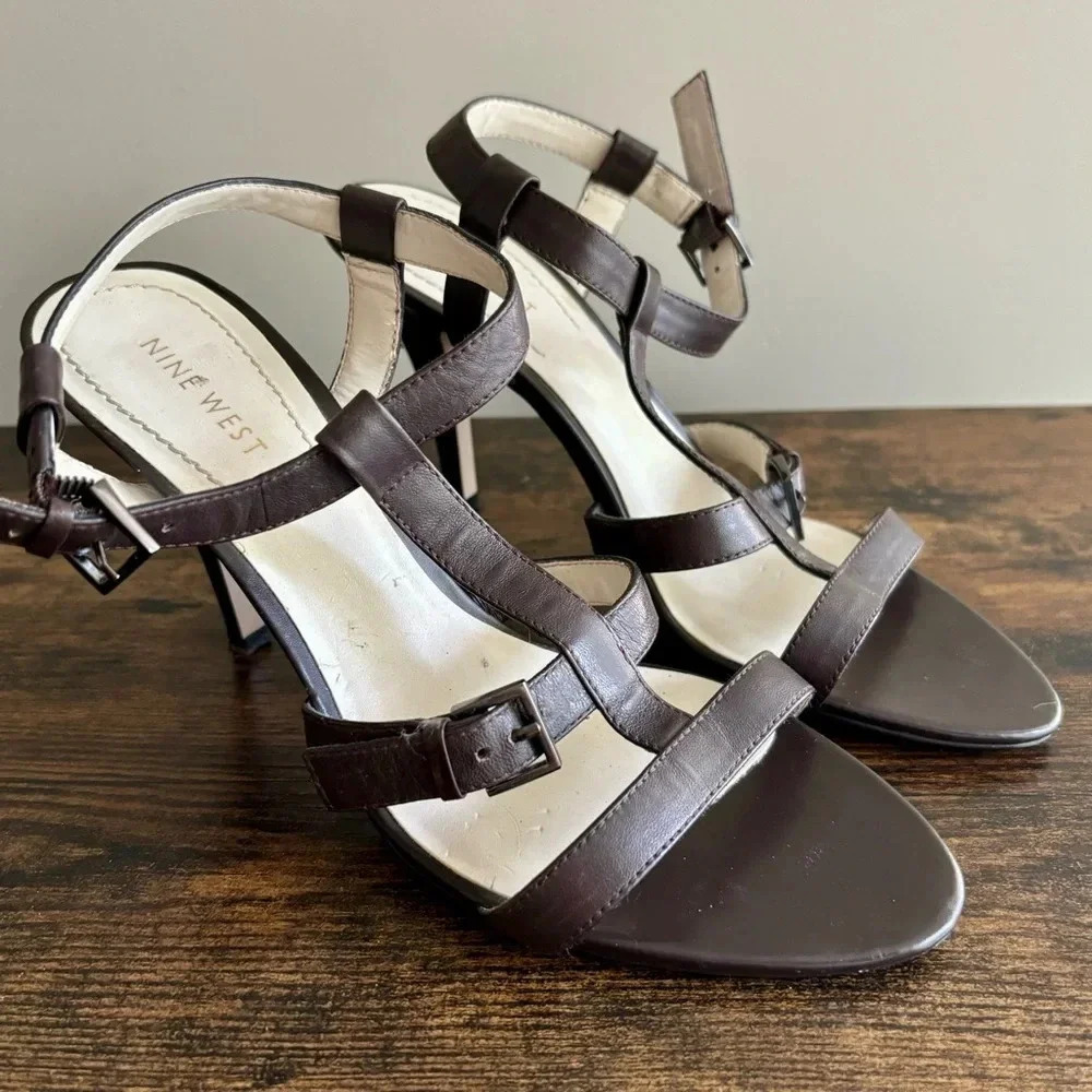 Nine West|Dark Brown Leather Gladiator 3.5” Heel Ankle Strap Sandal Sz  7.5